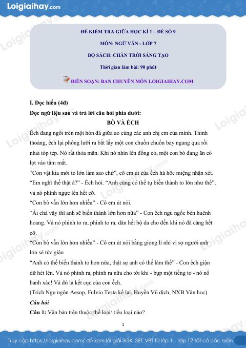 Đề thi giữa kì 1 Văn 7 Chân trời sáng tạo - Đề số 9